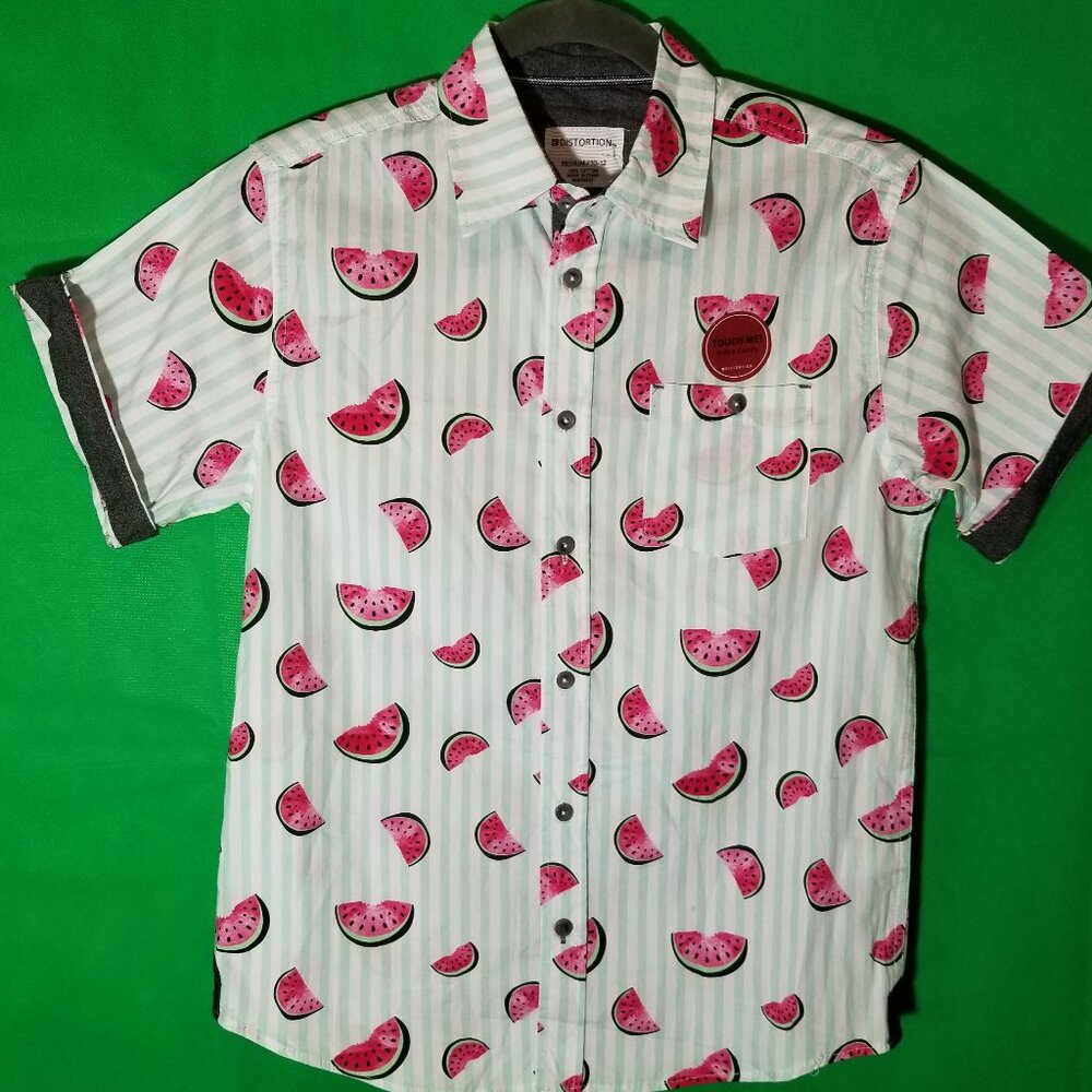 Distortion Boys Button Up Shirt Striped Watermelons Size M 10/12 Retro NWT
